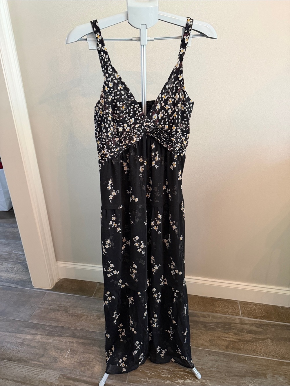 White House Black Market Black Floral Maxi Dress with White and Yellow Blossoms
